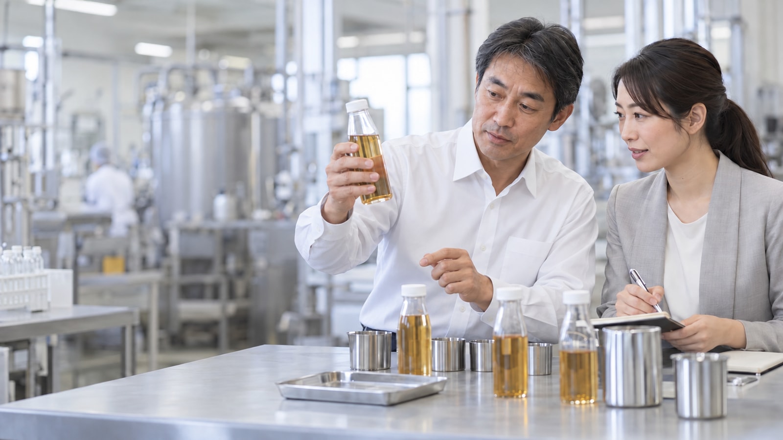 飲料サンプルを確認しながら相談に向き合う担当者